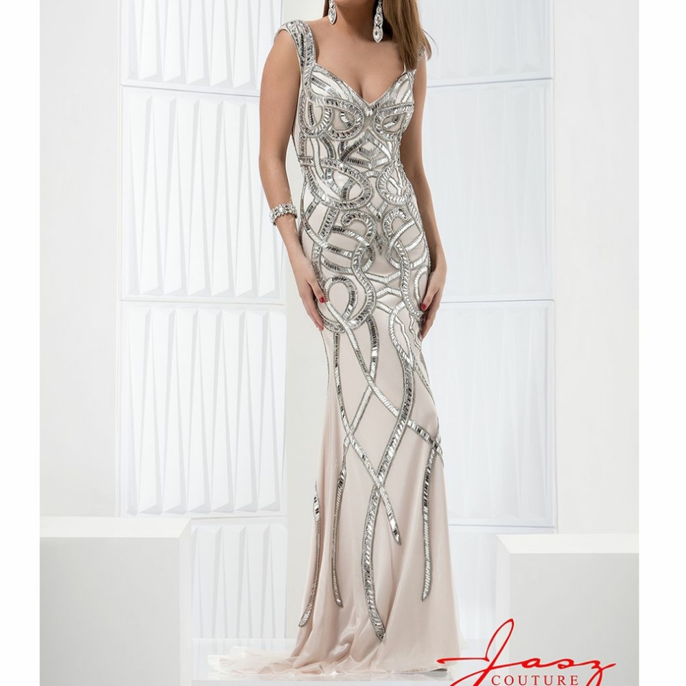 Jasz Couture 5710 Beige Nude Silver Sexy Embellished Long Dress